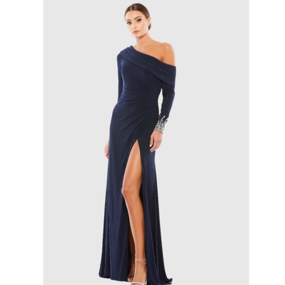 MAC DUGGAL Blue One Shoulder Midnight Long Sleeve Jersey Gown Size 8